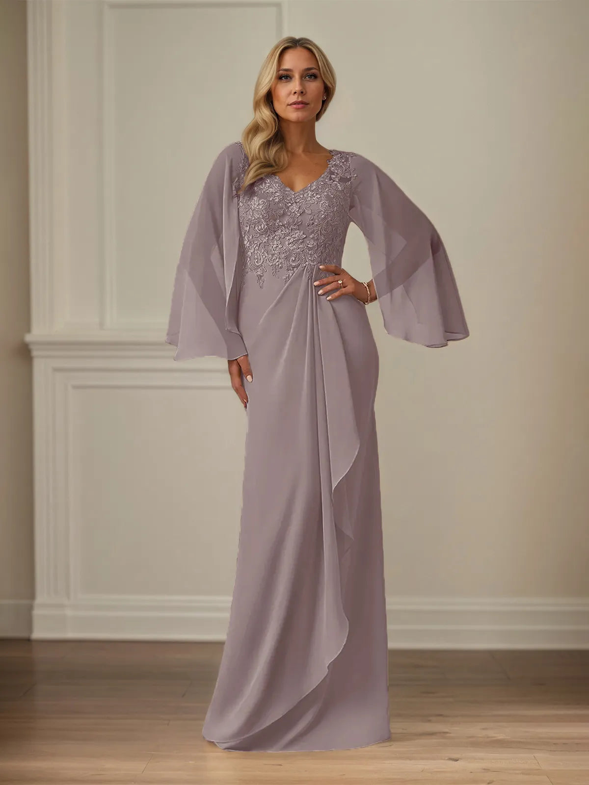 Column Chiffon V Neck Long Sleeves Floor Length Mother of the Bride Dresses With Appliques