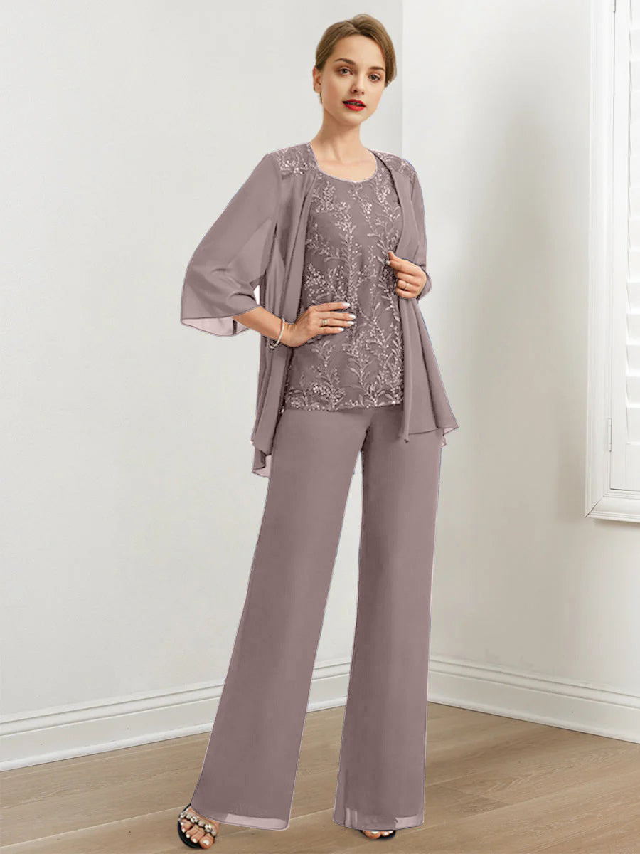 Chiffon Mother of the Bride Pantsuits with Sequins & Jacket