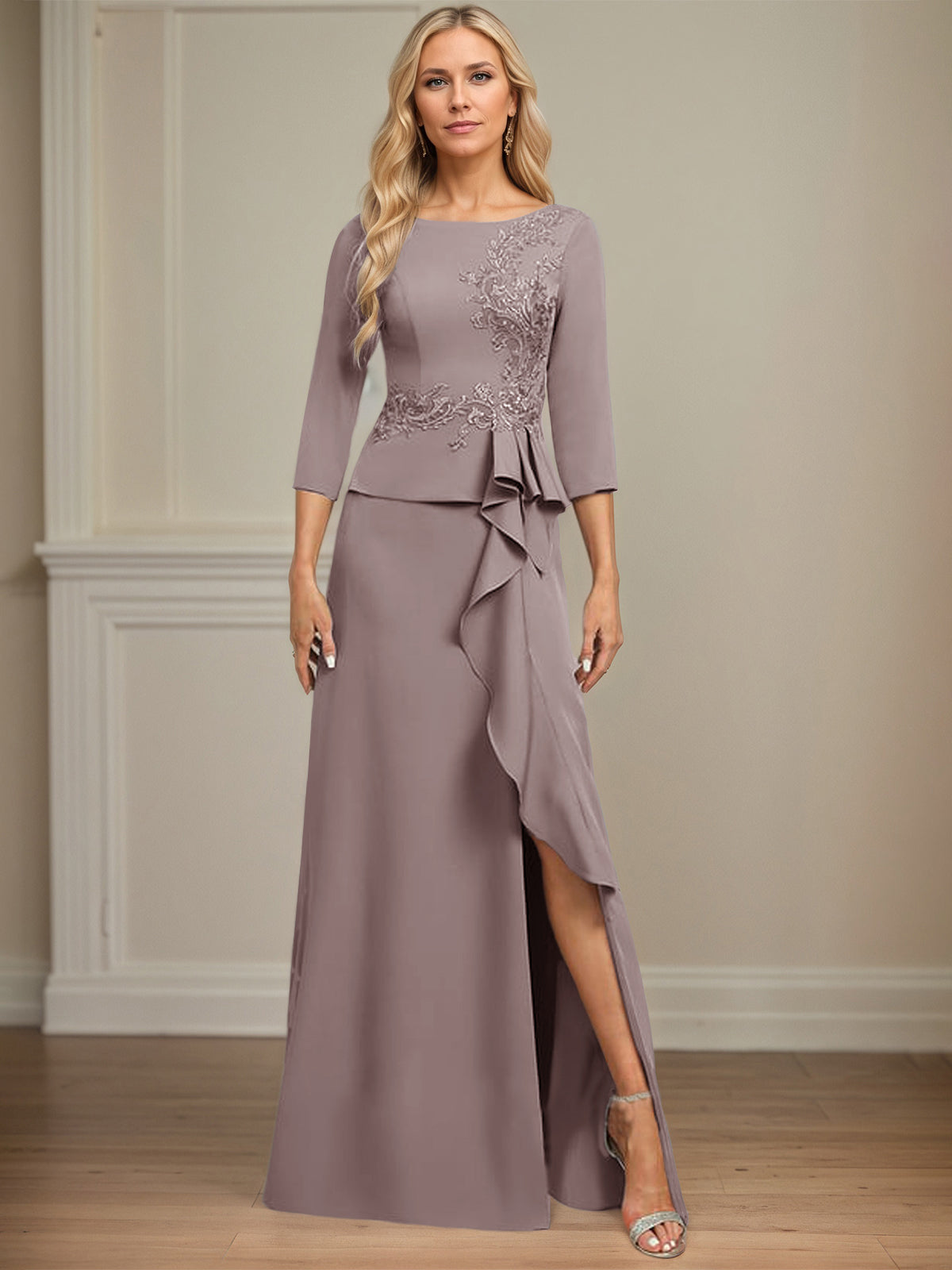 Column Scoop Floor-Length Stretch Crepe Dress With Cascading Ruffles Appliques