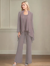 Chiffon Scoop Neck Long Sleeves Floor Length Mother Of The Bride Pantsuits