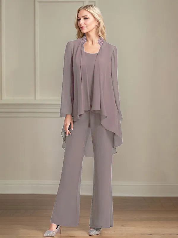 Chiffon Scoop Neck Long Sleeves Floor Length Mother Of The Bride Pantsuits