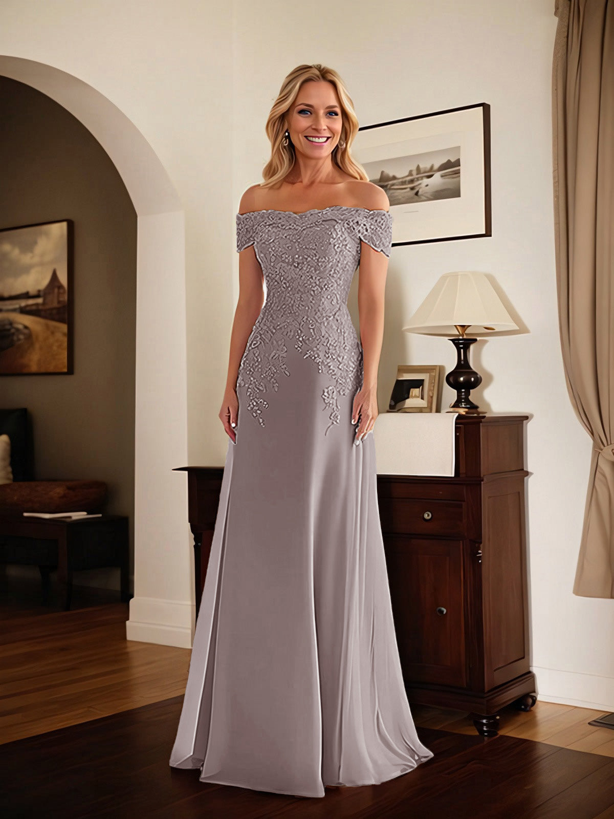 Elegant Taupe Off The Shoulder Sheath Mother of the Bride Dress with Lace