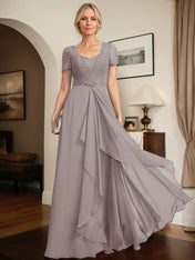 A-line Sweetheart Floor-Length Chiffon Lace Mother of the Bride Dress With Beading Cascading Ruffles