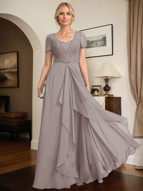 A-line Sweetheart Floor-Length Chiffon Lace Mother of the Bride Dress With Beading Cascading Ruffles