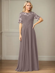 A Line Chiffon Scoop Neck Short Sleeves Floor Length Mother of the Bride Dresses