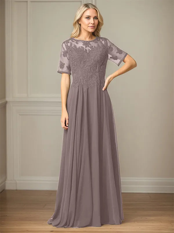 A Line Chiffon Scoop Neck Short Sleeves Floor Length Mother of the Bride Dresses