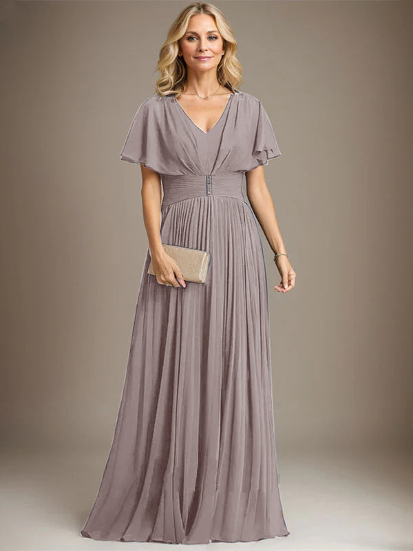 A-line V-Neck Floor-Length Chiffon Mother of the Bride Dress With Crystal Brooch Pleated