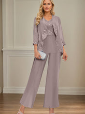Elegant Simple Scoop Neck Floor Length Mother of the Bride Pantsuit Wedding Guest Dress