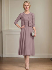 A-line Scoop Tea-Length Chiffon Mother of the Bride Dress With Pleated