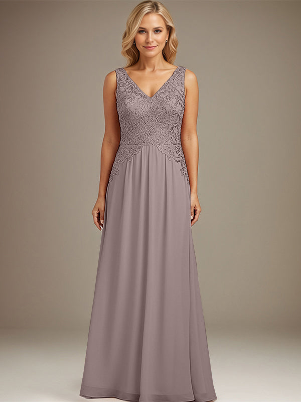 Burgundy A-line V Neck Floor-Length Lace Chiffon Mother of the Bride Dresses