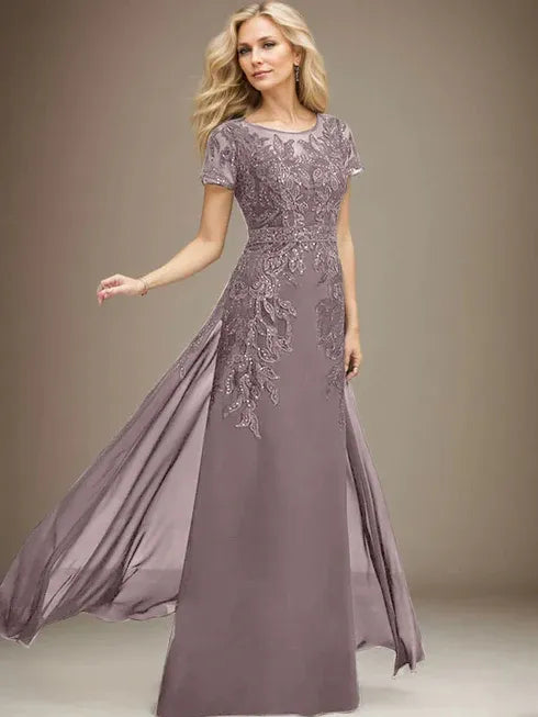Column Scoop Illusion Floor-Length Lace Chiffon Mother of the Bride Dress With Sequins