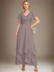 A-line V-Neck Ankle-Length Lace Chiffon Mother of the Bride Dress With Cascading Ruffles