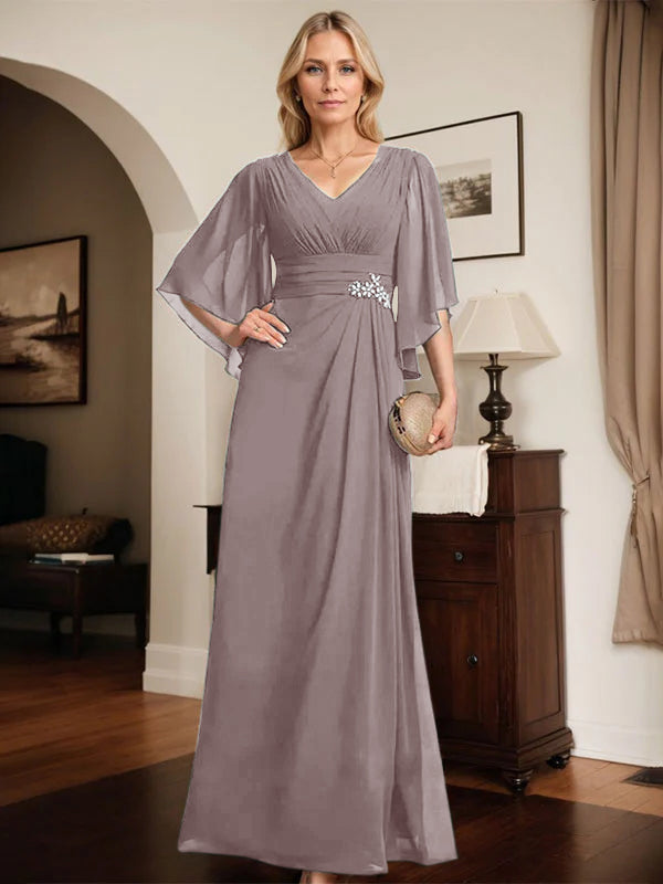 Column V-Neck Floor-Length Chiffon Mother of the Bride Dress With Pleated Sequins Beading