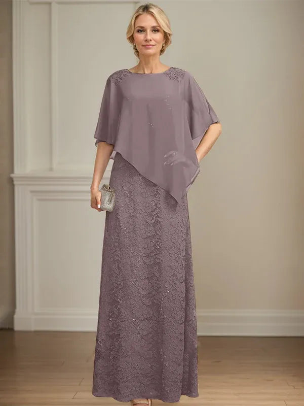 Column Scoop Floor-Length Chiffon Lace Mother of the Bride Dress With Sequins Beading