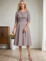 A-line Scoop Knee-Length Lace Chiffon Mother of the Bride Dress