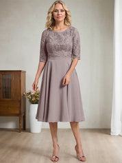 A-line Scoop Knee-Length Lace Chiffon Mother of the Bride Dress