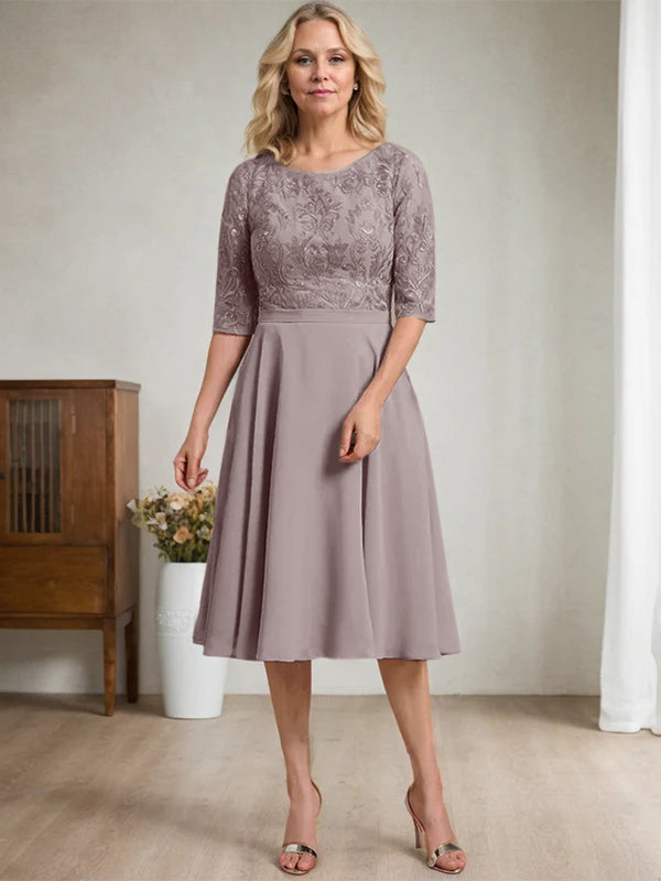 A-line Scoop Knee-Length Lace Chiffon Mother of the Bride Dress