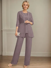 Jumpsuit/Pantsuit Separates Scoop Floor-Length Chiffon Lace Mother of the Bride Dress With Sequins