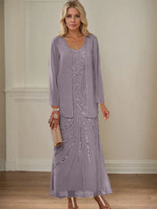 Sheath/Column V-Neck Ankle-Length Mother of the Bride Dresses with Jacket & Sequins