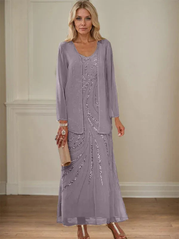 Robe de mère de la mariée fourreau/colonne, col en V, longueur cheville, avec veste et paillettes 