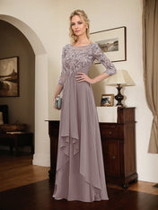 A-line Scoop Illusion Floor-Length Lace Chiffon Mother of the Bride Dress With Cascading Ruffles
