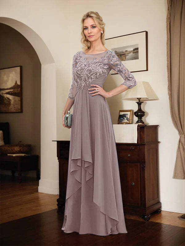 A-line Scoop Illusion Floor-Length Lace Chiffon Mother of the Bride Dress With Cascading Ruffles