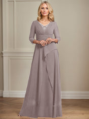 A-line V-Neck Floor-Length Chiffon Mother of the Bride Dress With Pleated Beading