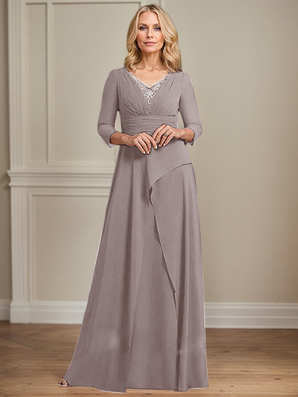 A-line V-Neck Floor-Length Chiffon Mother of the Bride Dress With Pleated Beading