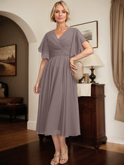 A-line V-Neck Tea-Length Chiffon Mother of the Bride Dress With Pleated Beading