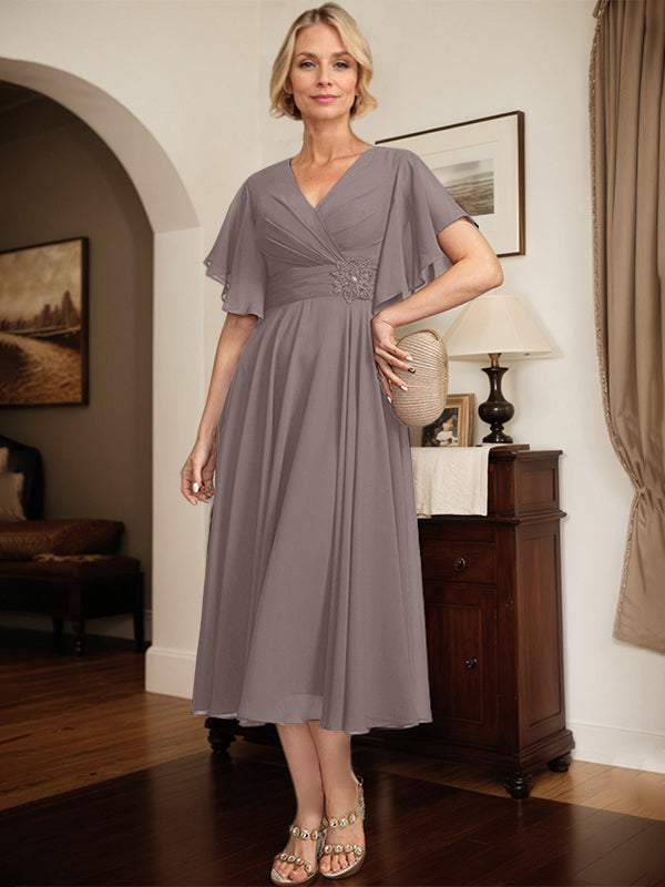 A-line V-Neck Tea-Length Chiffon Mother of the Bride Dress With Pleated Beading