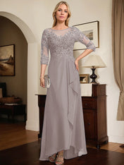 A-line Scoop Illusion Asymmetrical Lace Chiffon Mother of the Bride Dress With Sequins Cascading Ruffles