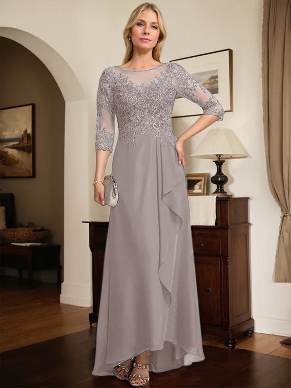 A-line Scoop Illusion Asymmetrical Lace Chiffon Mother of the Bride Dress With Sequins Cascading Ruffles