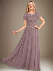 A-Line Scoop Floor-Length Chiffon Mother of the Bride Dress With Applique & Sequins