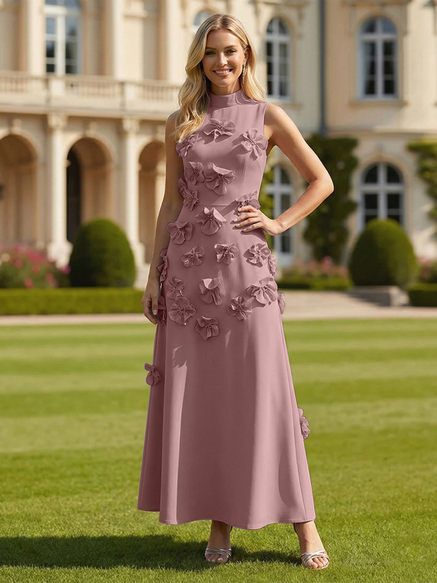 Dreamylily Women 3D Floral High Neck Sleeveless Maxi Dress Party Dresses