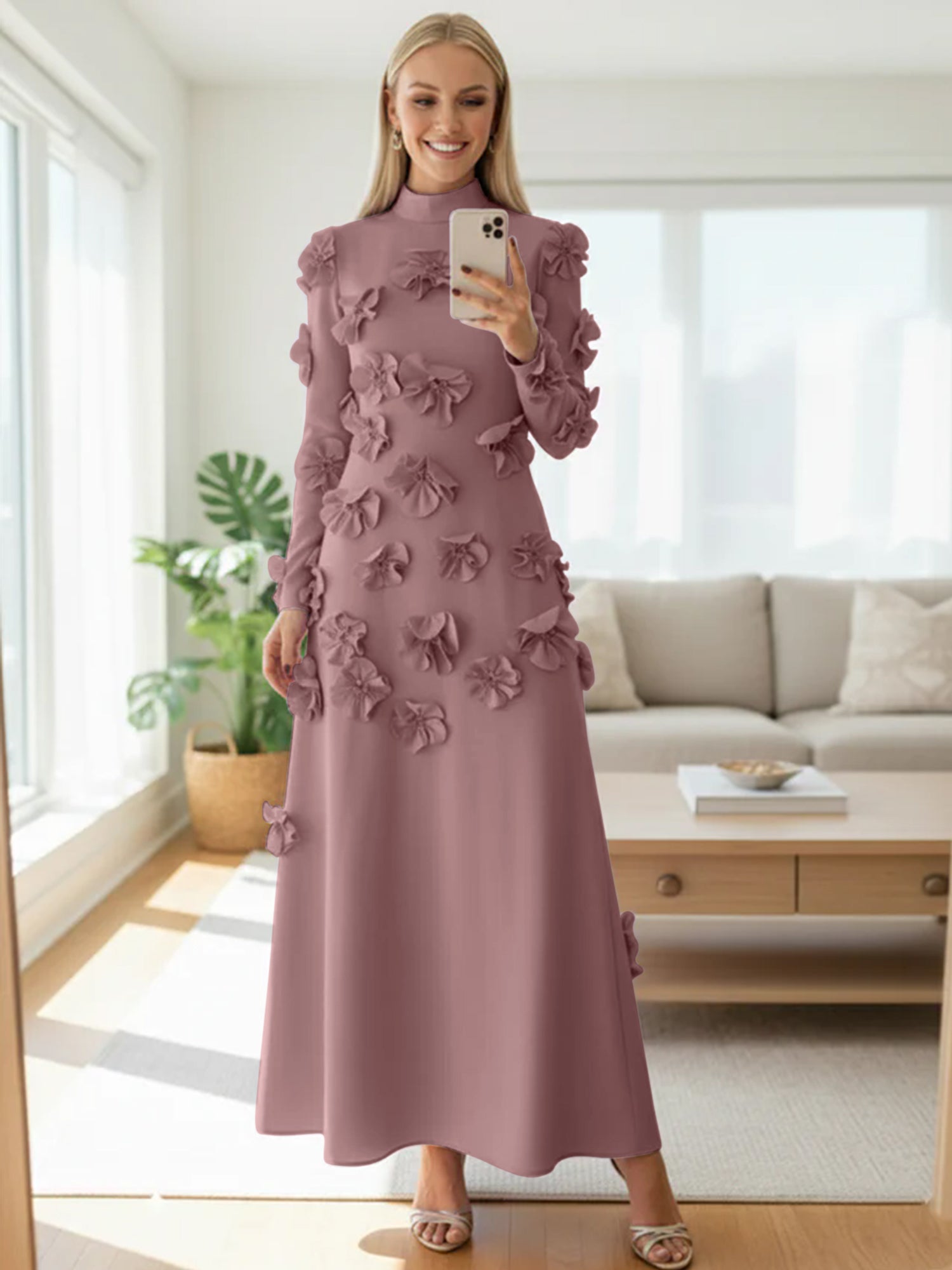 A Line High Neck Long Sleeves Floor Length Stretch Crepe Dress With 3D Flowers
