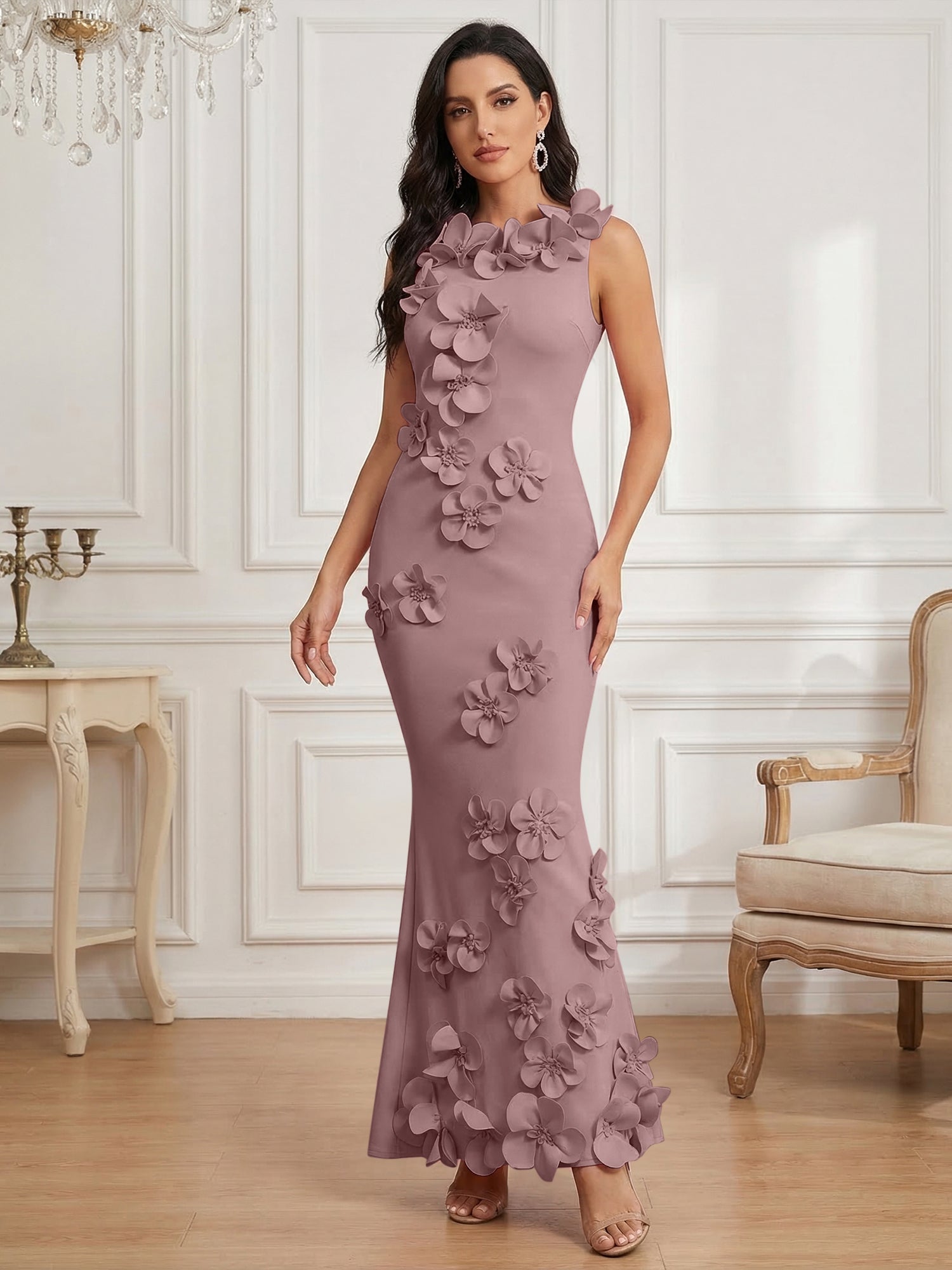 Romantic Pink Sleeveless 3D Floral Mermaid Gown