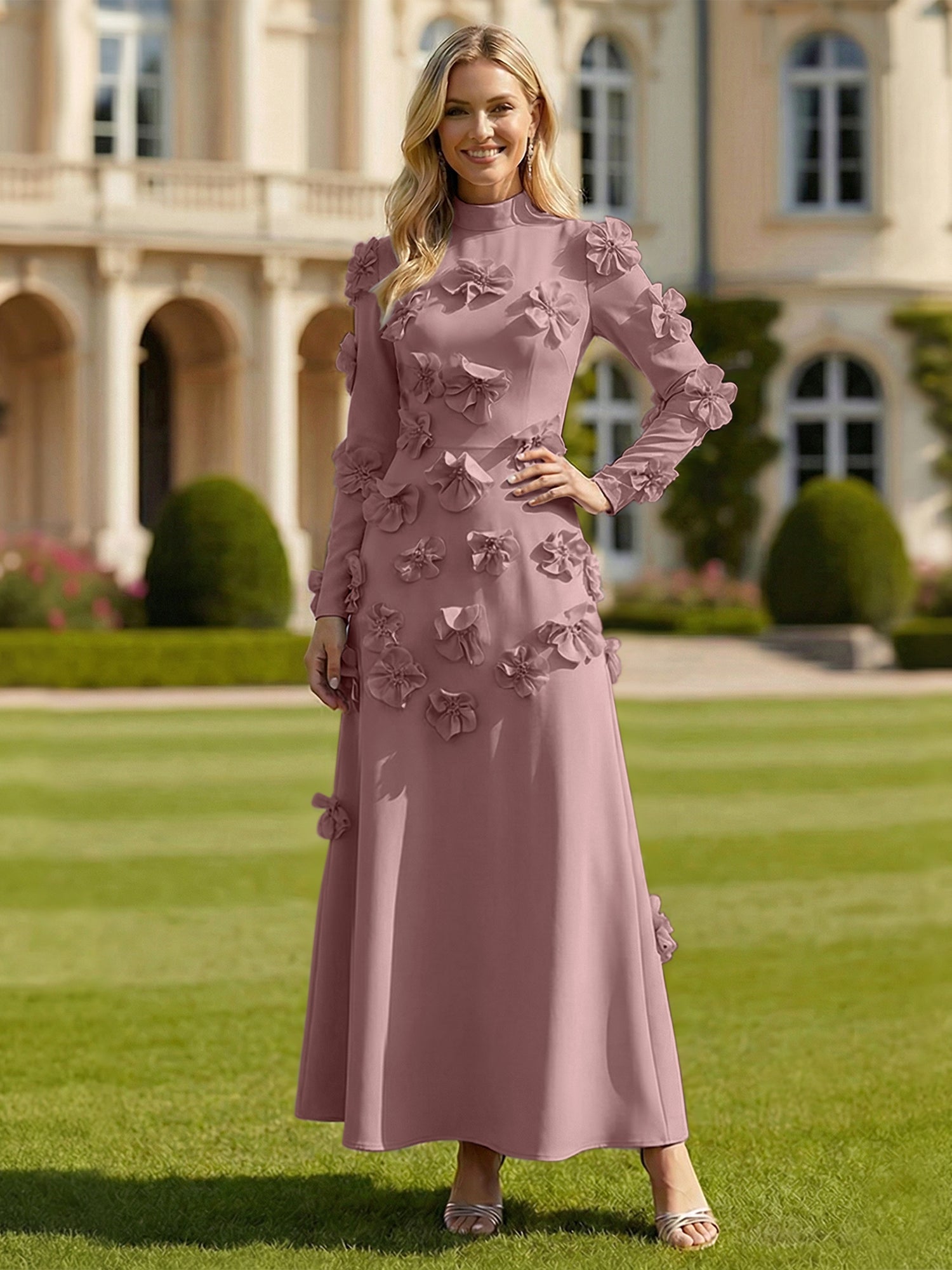 A Line High Neck Long Sleeves Stretch Crepe Dress With 3D Flowers