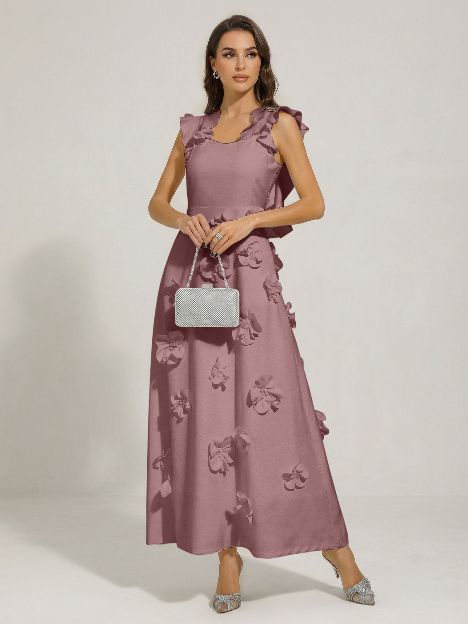 Chic White 3D Flowers A-Line Floor Length Stretch Crepe Dress with Pockets Maxi Dress