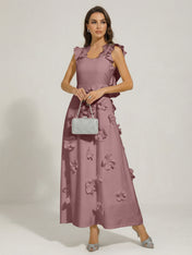 Chic White 3D Flowers A-Line Floor Length Stretch Crepe Dress with Pockets Maxi Dress