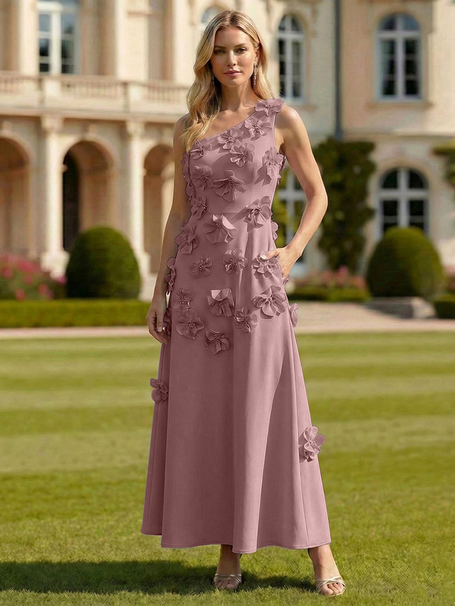 A Line One Shoulder Sleeveless Floor Length Stretch Crepe Dress With 3D Flowers