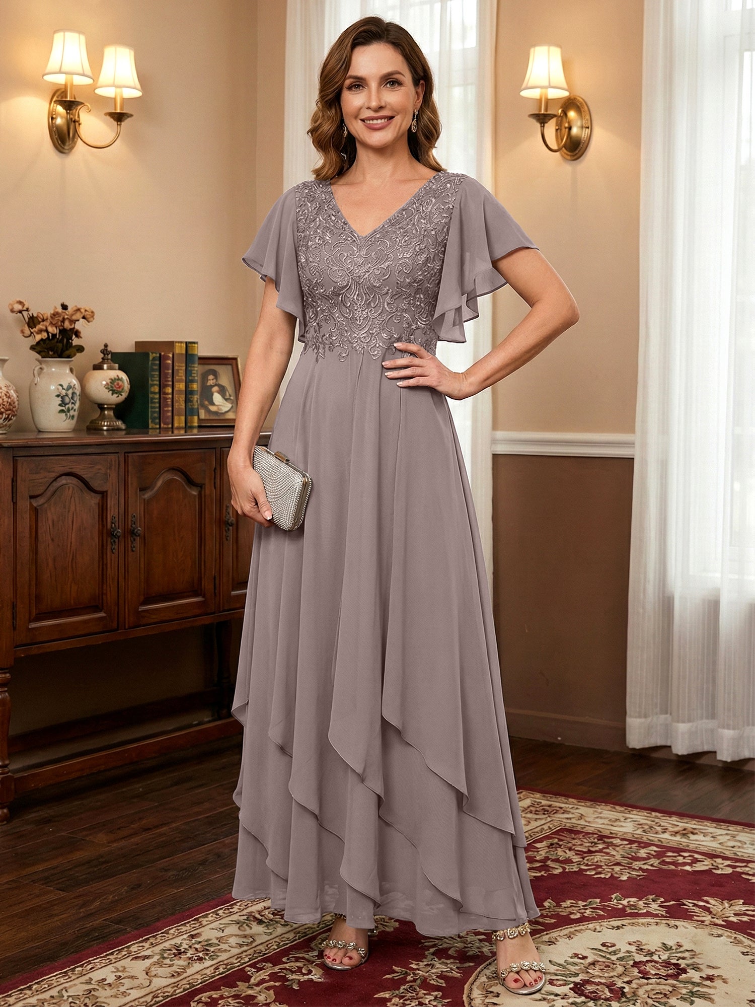 A-line V-Neck Ankle-Length Lace Chiffon Mother of the Bride Dress With Cascading Ruffles