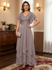 A-line V-Neck Ankle-Length Lace Chiffon Mother of the Bride Dress With Cascading Ruffles