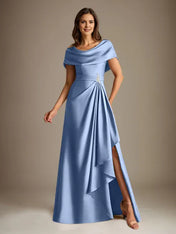 A-Line Scoop Floor-Length Stretch Satin Mother of the Bride Dress With Cascading Ruffles