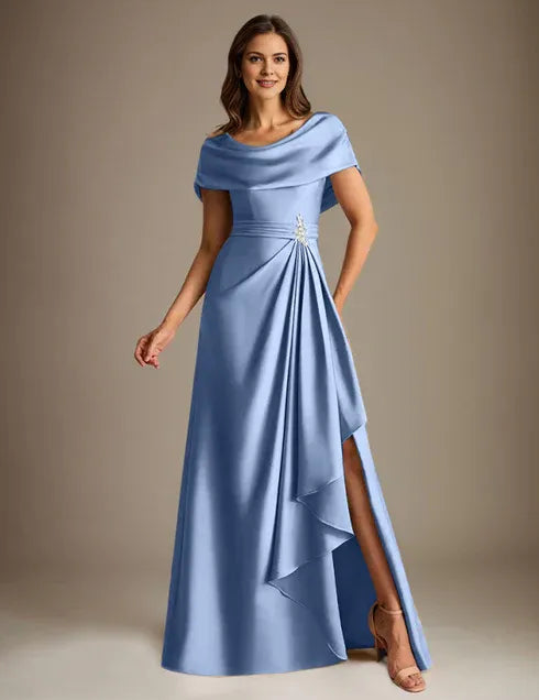 A-Line Scoop Floor-Length Stretch Satin Mother of the Bride Dress With Cascading Ruffles