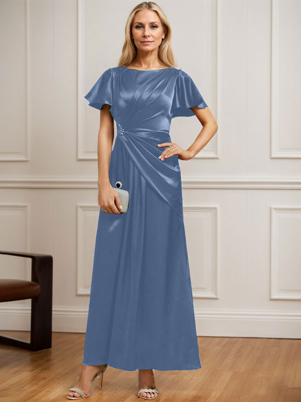 A-line Scoop Ankle-Length Stretch Satin Mother of the Bride Dress With Pleated Beading