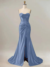 Royal Blue Mermaid Strapless Sweetheart Corset Long Prom Dress with Slit