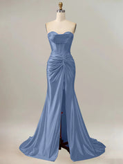 Royal Blue Mermaid Strapless Sweetheart Corset Long Prom Dress with Slit