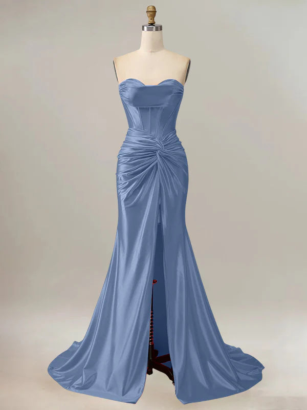 Royal Blue Mermaid Strapless Sweetheart Corset Long Prom Dress with Slit