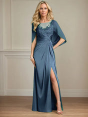 Sheath/Column Satin Scoop Neck Cap Sleeves Floor Length Mother Of The Bride Dresses