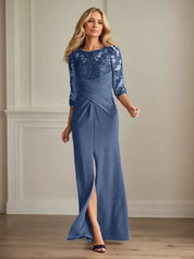 Robe fourreau en crêpe extensible prune pour mère de la mariée 